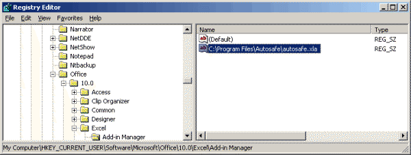 Part of the registry that handles Add-ins that are not in the default location