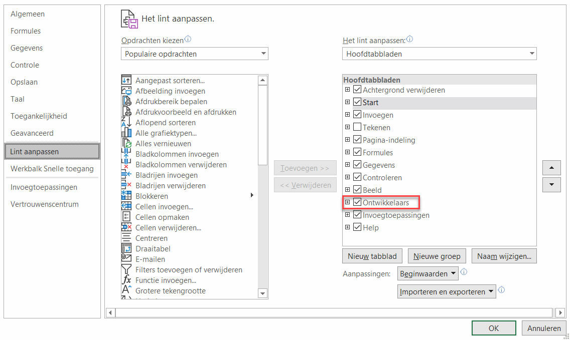 Tabblad ontwikkelaars in lint Excel 2007 aanzetten