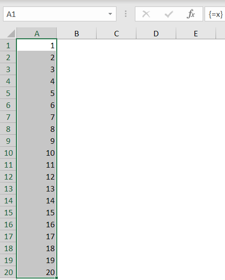 Result of the formula =x in cells A1 to A20