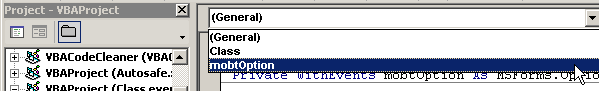 The objects drop-down at the top of a code module in the VBA Editor