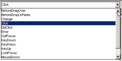 The list of events in the VBA Editor