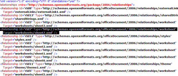 Section in Workbook.xml.rels which shows us which file belongs to our worksheet