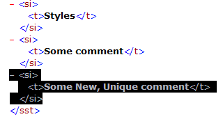 Addition of a new string in the sharedStrings.xml file