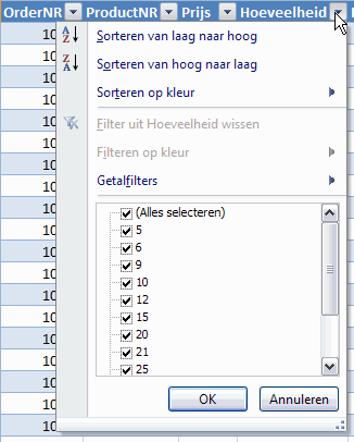 sorteer en filter dropdowns