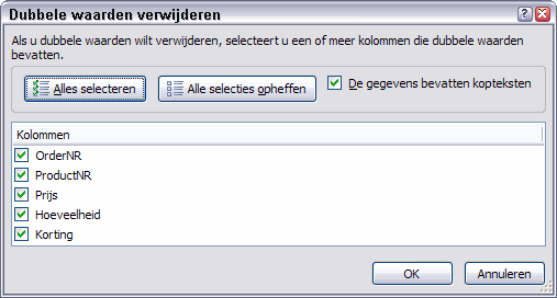 Venster Dubbele waarden verwijderen