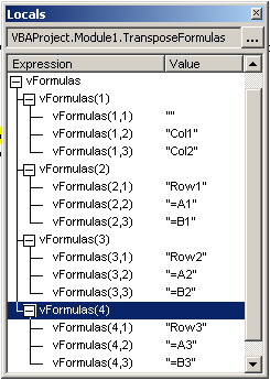 The locals window showing variable contents
