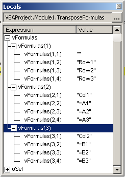 The locals window showing variable contents