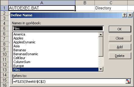 The XLM FILES function in a range name