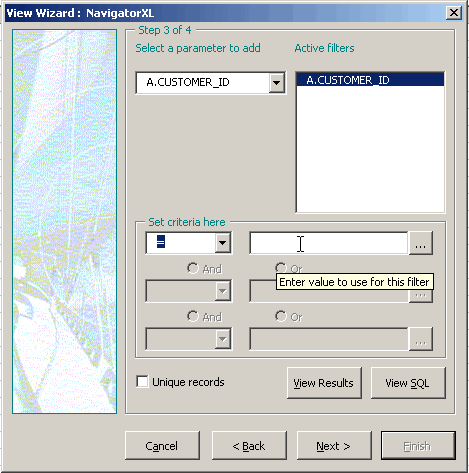 Step 3 of Insert View wizard: Select criteria