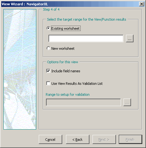 Step 4 of Insert View wizard: Setting the target range and other options.