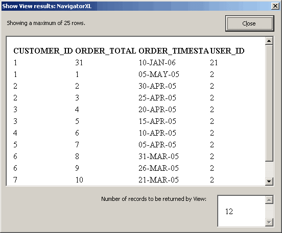 Options in Step 3 of Insert View wizard: preview returned results