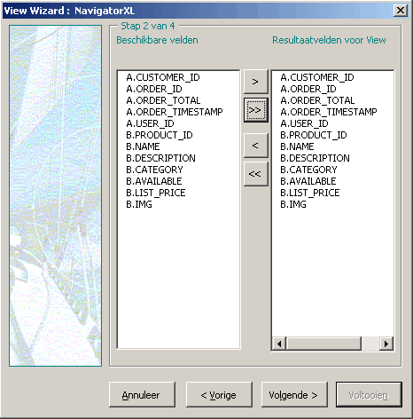 Stap 2 van de View wizard: Selecteer velden