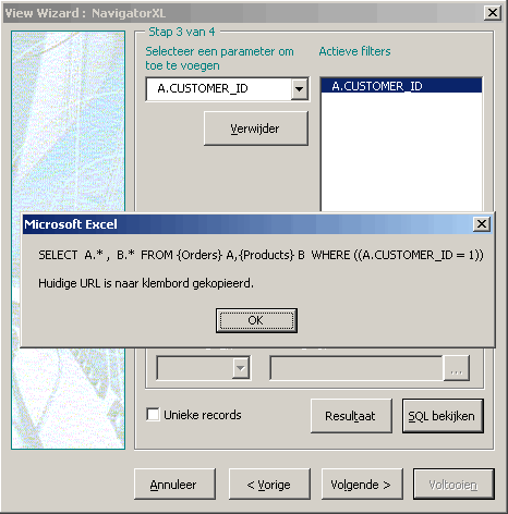 Stap 3 van de View wizard: Bekijk de SQL string nu gebouwd met de wizard