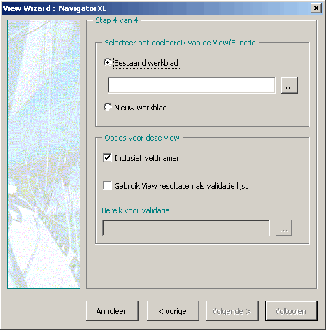 Stap 4 van de View wizard: Selecteren van het doelbereik en instellen van andere opties.