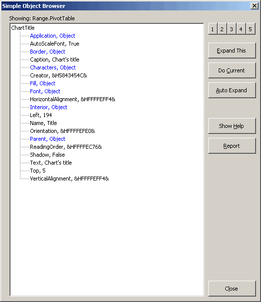 Screen-shot of the ObjectLister's main dialog showing chart object properties