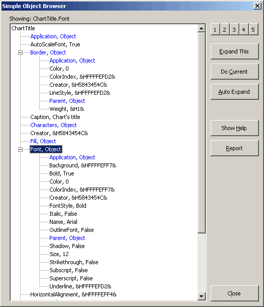 Screen-shot of the ObjectLister's main dialog showing chart object properties