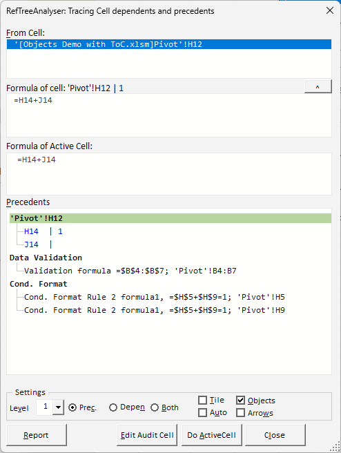 Screenshot of RefTreeAnalyser, the ultimate Excel formula auditing tool.