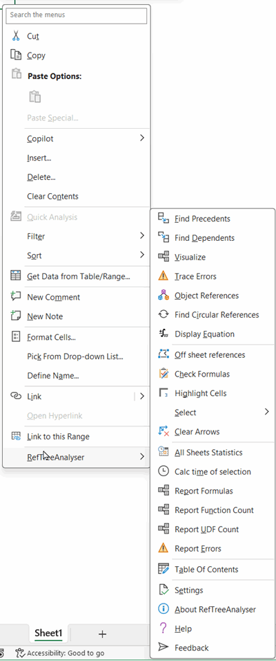 RefTreeAnalyser right-click cell menu