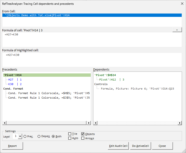 Screenshot of RefTreeAnalyser, the ultimate Excel formula auditing tool.