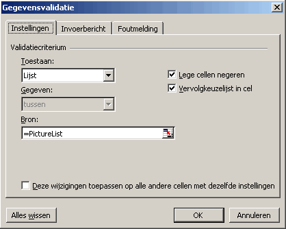 Gegevensvalidatie instellingen venster