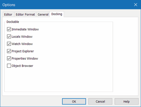Tools, Options, Docking tab for the VBE
