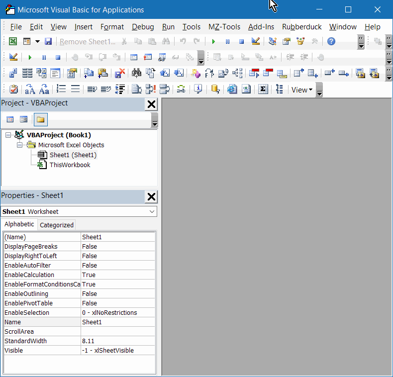 VBE window. Project explorer above Properties window