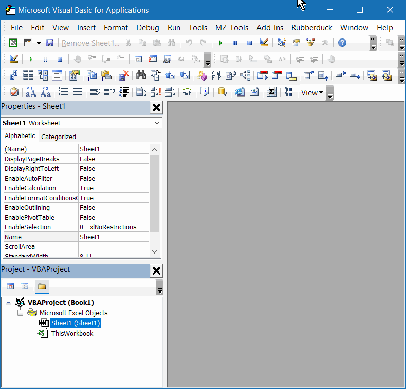 VBE window. Project explorer below Properties window