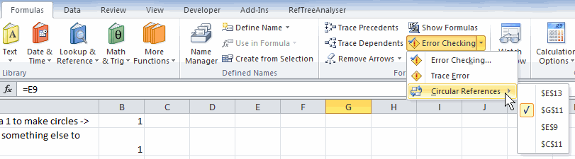 Circular references dropdown on Ribbon