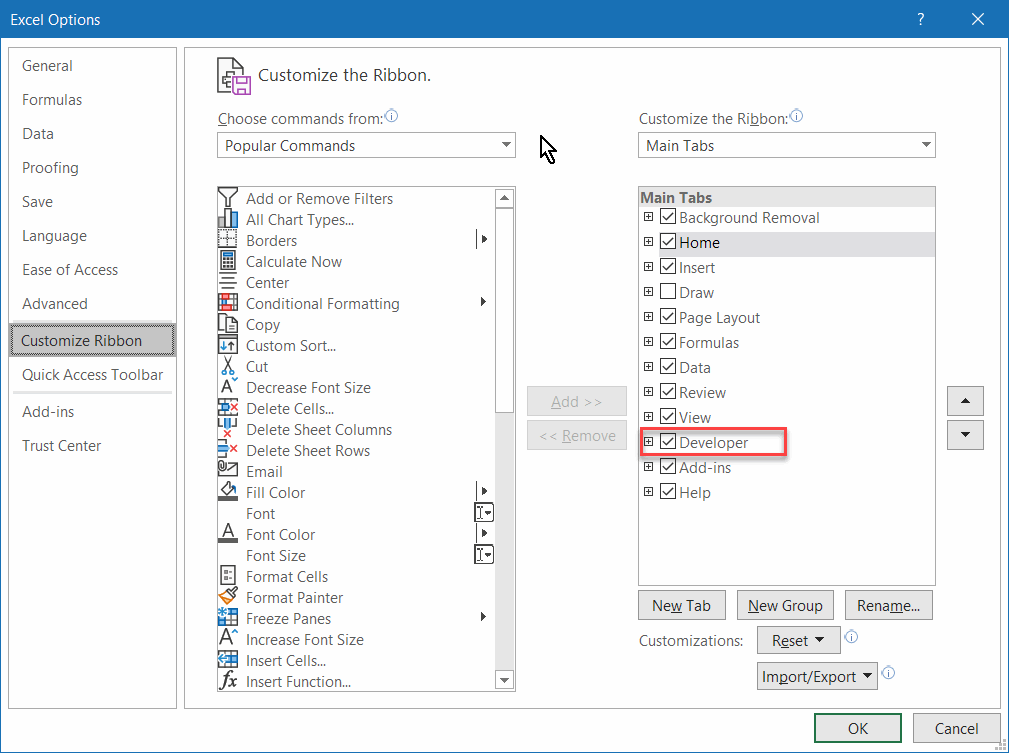 Displaying Developer tab