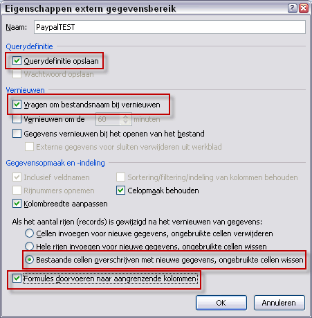 Het dialoogvenster Eigenschappen extern gegevensbereik