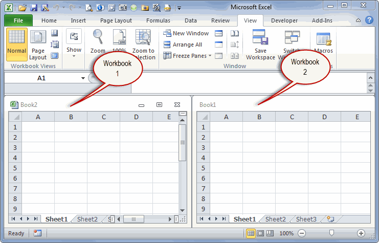 Excel 2010 showing two workbooks side by side in the same application window.