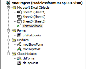 The VBA Editor showing the sample file's VBA Project tree.