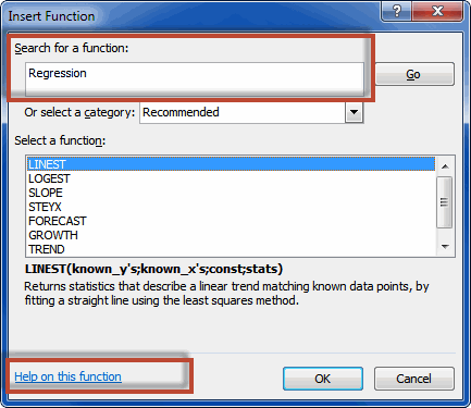 Function wizard showing Regression functions