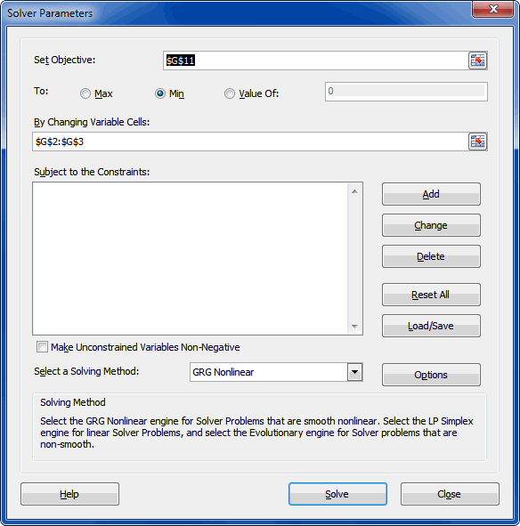 The Solver dialog