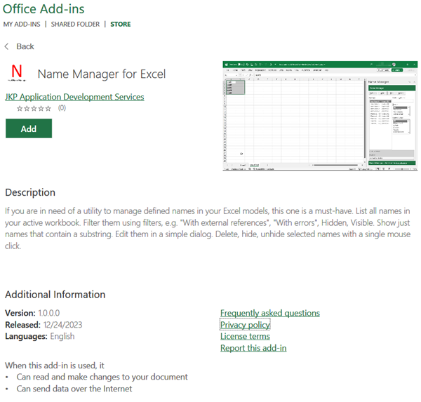 Name Manager add-in for Excel as shown in the Office add-ins store