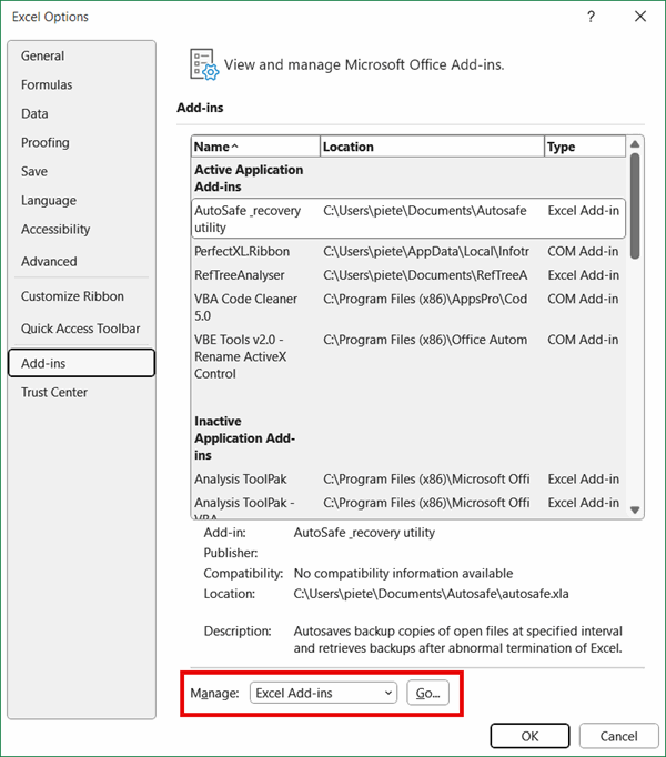 The Excel Options dialog