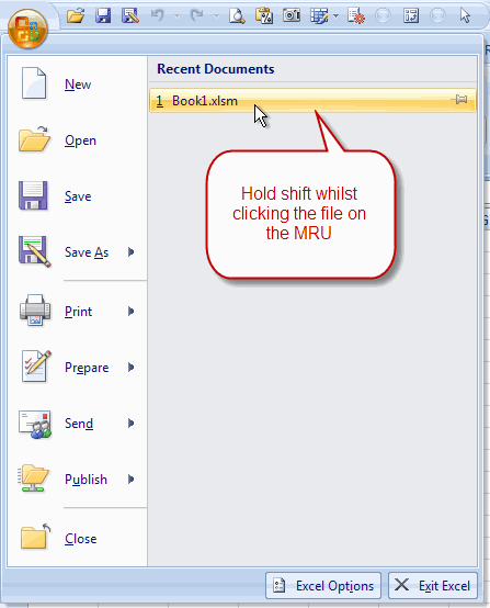 Clicking the file on the MRU