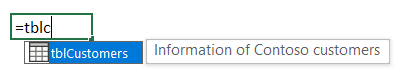Tooltip showing Comment of a table