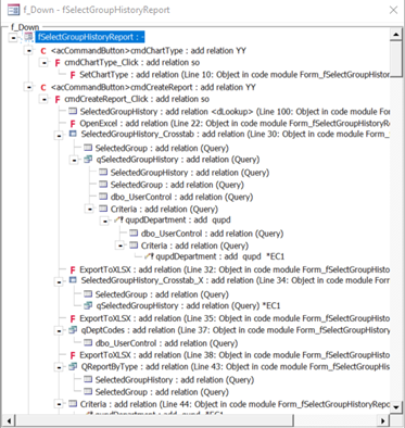 Screenshot of object relationships tree