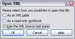 The Open XML selection dialog of Excel