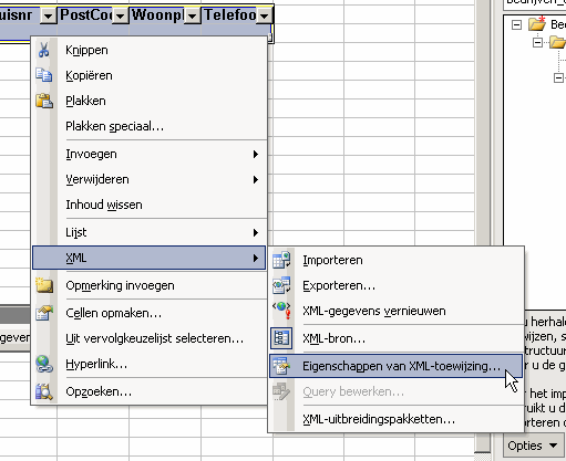 keuzemenu XML bij rechtsklikken binnen een lijstbereik