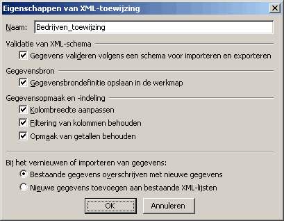 dialoogvenster Eigenschappen van XML-Toewijzing