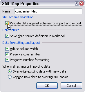 XML Map properties dialog