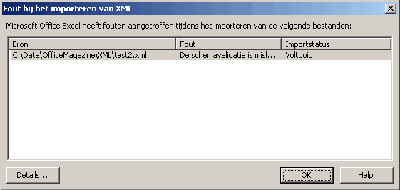 Foutmelding bij importeren XML bestand dat niet aan het schema voldoet