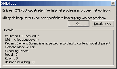 details bij foutmelding na importeren XML bestand dat niet aan het schema voldoet