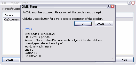 Details of the validation errors caused by the offending XML file