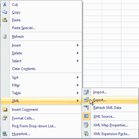 Rightclick cell menu, XML option, export