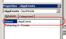 Een klasse module een naam geven via het eigenschappen venster