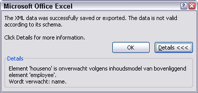 Error message after exporting XML data that violates the schema.
